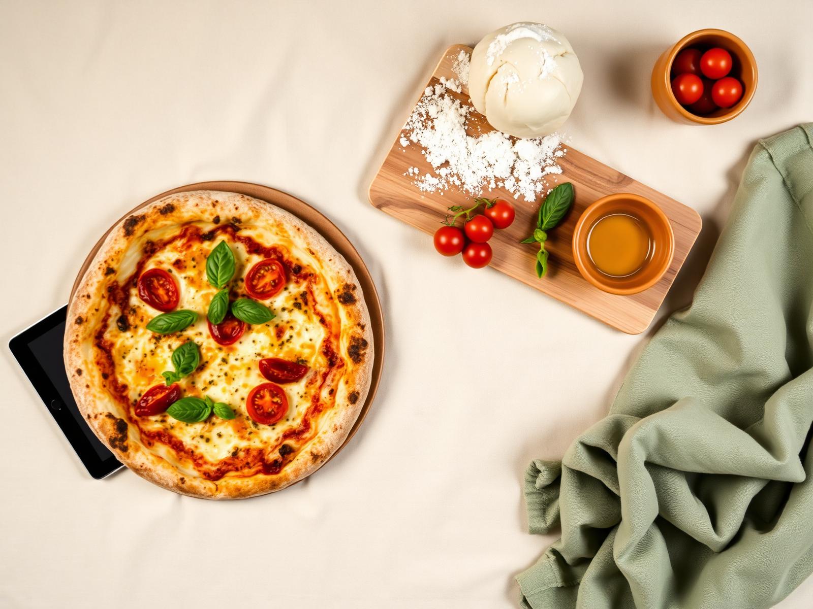 Pizza artesanal con ingredientes frescos, tablet con recetario, tabla de madera y delantal de lino